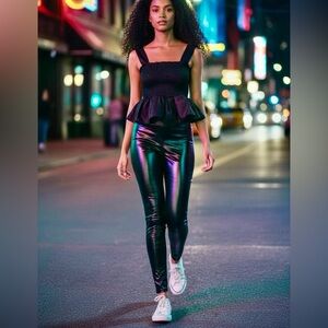 Commando Faux Leather Bottoms M + TCEC Smocked Faux Leather Top S Set w/ Jewelry